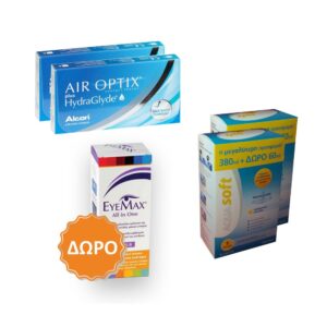 Alcon Air Optix Plus Hydraglyde Μηνιαίοι Φακοί - Επαφής (12 τεμ.) + 2 Υγρά Aquasoft (360 ml + 60 ml x 2) + ΔΩΡΟ 1 Υγρό Eyemax All In One 360ml